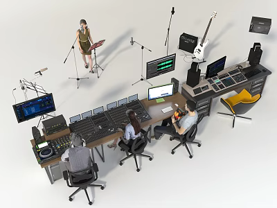 Professional Headphones Speakers in Audio Recording Studio with Sound Mixing Equipment and Engineers 3d model