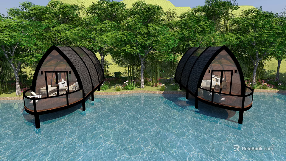 Semicircular Roof Huts By Poolside With Green Trees And Grass 3d model 