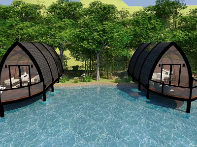 Semicircular Roof Huts By Poolside With Green Trees And Grass 3d model