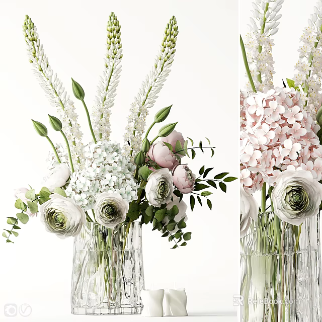 Elegant Glass Vase With White Pink Hydrangea Roses And Green Leaves Fresh Arrangement 3d model 