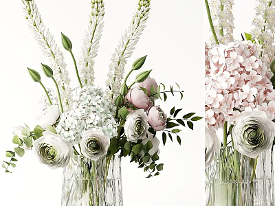 Elegant Glass Vase With White Pink Hydrangea Roses And Green Leaves Fresh Arrangement 3d model
