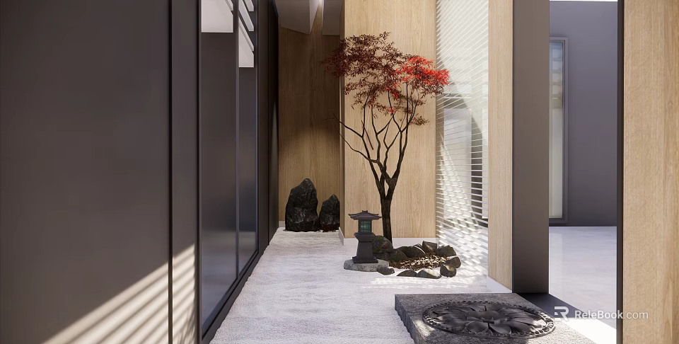 Modern Elevator Lobby With Wooden Walls Red Maple Tree Stone Lantern And Light Shadows 3d model 