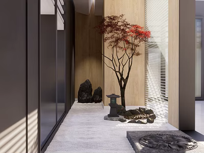 Modern Elevator Lobby With Wooden Walls Red Maple Tree Stone Lantern And Light Shadows 3d model