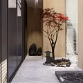 Modern Elevator Lobby With Wooden Walls Red Maple Tree Stone Lantern And Light Shadows
