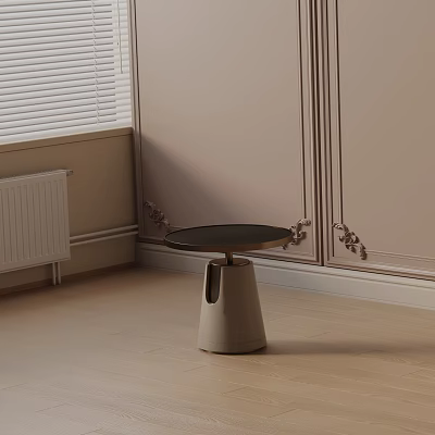 Round Black Top Beige Base Bedside Table With Handle Design White Blinds Light Wood Floor 3d model