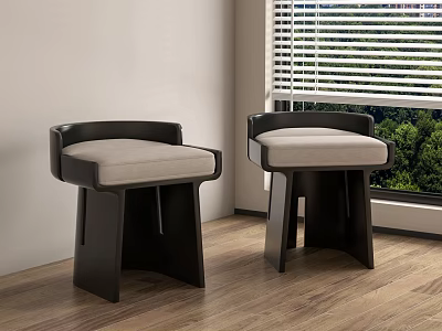 Pair of Modern Stools With Black Wooden Frame And Beige Fabric Cushion By Window 3d model