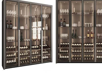 Modern Glass Door Wine Cabinet With Multiple Shelves For Wine Bottles And Glasses 3d model