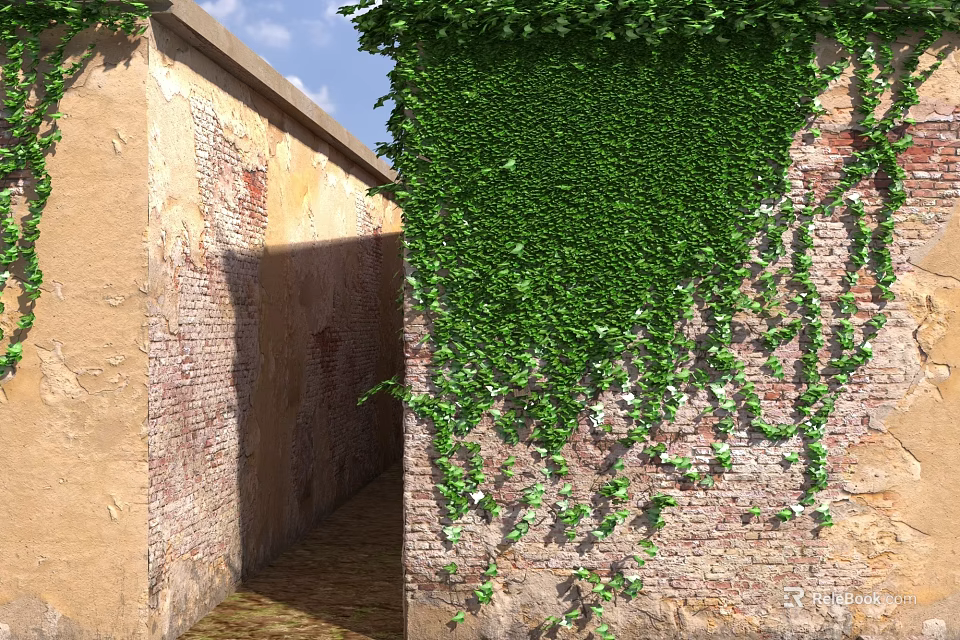 Garden Landscape With Green Ivy Covered Red Brick Wall And Stone Pathway Under Blue Sky 3d model 
