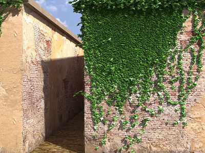 Garden Landscape With Green Ivy Covered Red Brick Wall And Stone Pathway Under Blue Sky 3d model