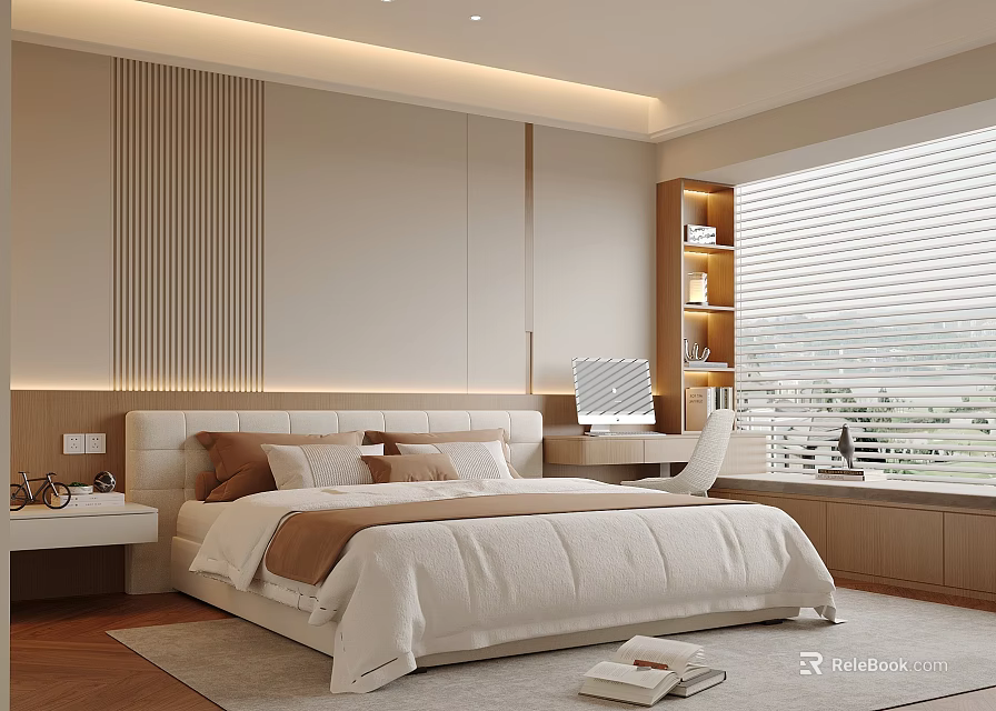 Modern Beige Bedroom Design With King Bed Striped Accent Wall Nightstand Desk Chair Bookshelf Blinds 3d model 