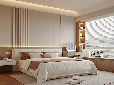 Modern Beige Bedroom Design With King Bed Striped Accent Wall Nightstand Desk Chair Bookshelf Blinds 3d model