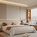 Modern Beige Bedroom Design With King Bed Striped Accent Wall Nightstand Desk Chair Bookshelf Blinds