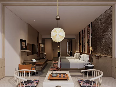 Elegant Traditional Hotel Guest Room With Bed Chandelier And Decorative Wall Art 3d model