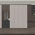 Modern Wardrobe Interior With White Panels Wooden Accents Open Section Dressing Table And Mirror