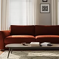 Living Room Interior With Red Sofa Window Blinds Coffee Table Pomegranate Books And Framed Artwork