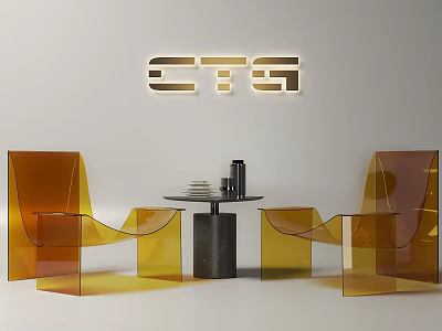 Modern Transparent Amber Acrylic Leisure Chairs With Small Round Table In Minimalist Room 3d model