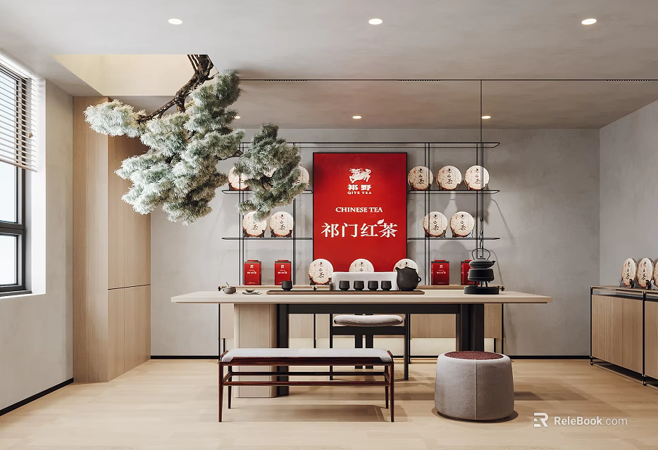 Keemun Black Tea Specialty Store With Tea Cakes Display Shelves And Decorative Pine Plant 3d model 