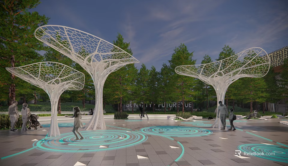 Future Inspired White Tree Structured Sculpture In Plaza With Blue Ground Light Patterns And Pedestrians 3d model 