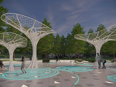 Future Inspired White Tree Structured Sculpture In Plaza With Blue Ground Light Patterns And Pedestrians 3d model