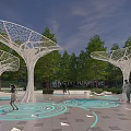 Future Inspired White Tree Structured Sculpture In Plaza With Blue Ground Light Patterns And Pedestrians