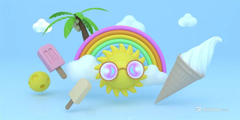Colorful Summer Ice Cream Treats With Rainbow Sun Palm Tree And Clouds 3d model 