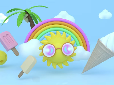 Colorful Summer Ice Cream Treats With Rainbow Sun Palm Tree And Clouds 3d model