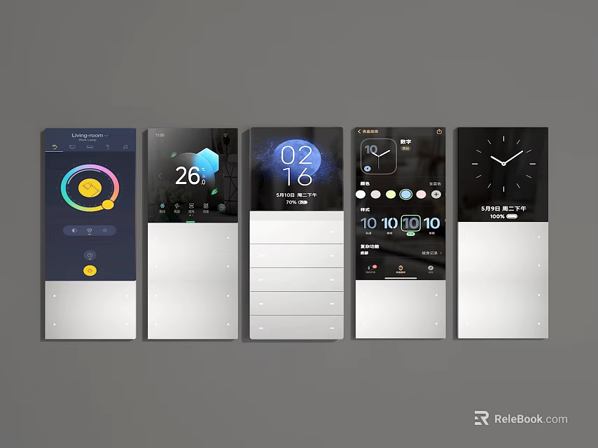 Modern Smart Switch Panels with Digital Displays Showing Temperature Humidity Time and Control Interfaces 3d model
