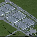 Modern Industrial Factory Building with Glass Facade Landscaped Greenery and Wide Roadway