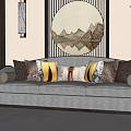 Light Gray Three Seater Sofa With Multiple Decorative Pillows Round Landscape Wall Art And Plants