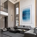 Modern Loft Living Room With High Ceiling Large Windows And Gray Furniture