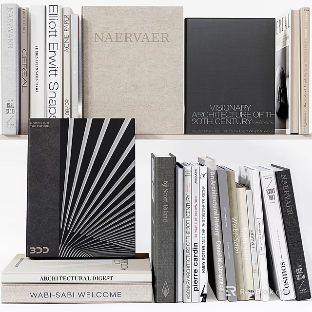 Books And Magazines On Modern Bookshelf With Stylish Art Design Covers 3d model 