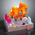 Orange Smart Machine with Pink Yellow Structures and Small Objects on Platform