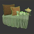Stylish Furniture Bench With Decorative Pillows Gray Draped Fabric Silver Items And Covered Container
