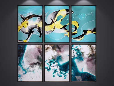 Abstract Paintings Six Panel Modern Wall Art with Blue Yellow Purple Fluid Lines and Splashes 3d model