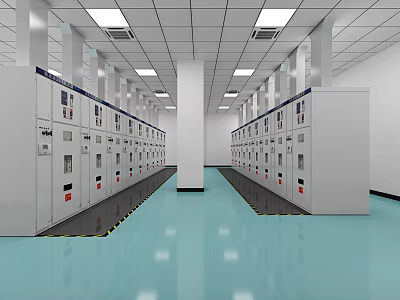 Professional Laboratory Space With Neatly Arranged Control Cabinets Light Blue Flooring And White Ceiling 3d model