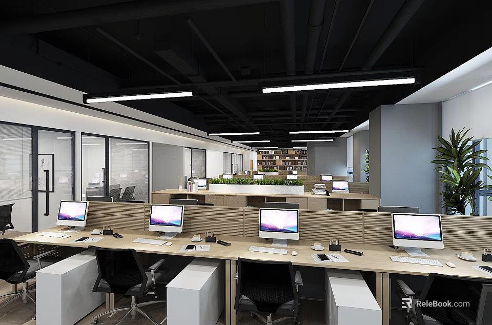 Modern Public Office Space Interior With Open Workstations Computers Plants And Lighting 3d model 