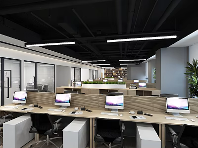 Modern Public Office Space Interior With Open Workstations Computers Plants And Lighting 3d model