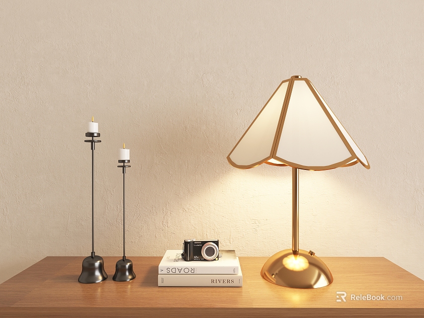 Vintage Table Lamp On Wooden Table With Metal Candle Holders And Books With Camera 3d model 