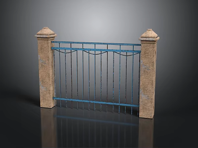 Blue Wrought Iron Gate With Stone Pillars On Both Sides 3d model