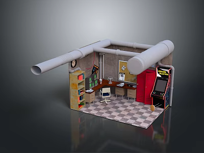 Small Room Interior With Large Pipes Bookshelf Desk Chair Checkerboard Floor And Arcade Machine 3d model