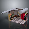 Small Room Interior With Large Pipes Bookshelf Desk Chair Checkerboard Floor And Arcade Machine