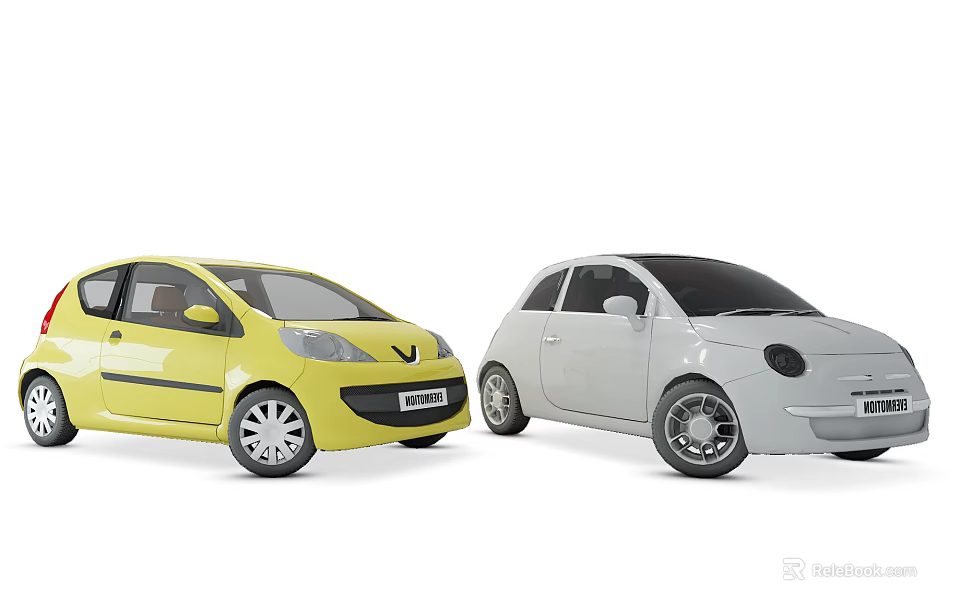 Two Small Cars in Yellow and Gray Colors on White Background 3d model 