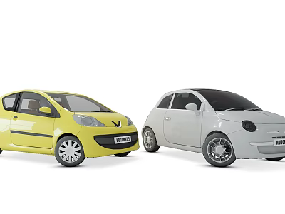 Two Small Cars in Yellow and Gray Colors on White Background 3d model