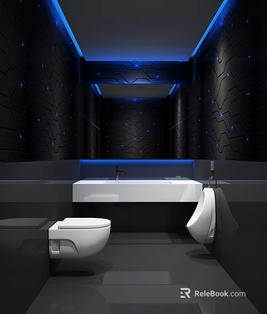Modern Public Restroom Interior With Blue Lighting Black Walls And White Fixtures 3d model 