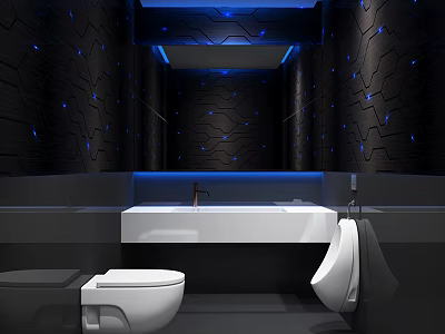 Modern Public Restroom Interior With Blue Lighting Black Walls And White Fixtures 3d model
