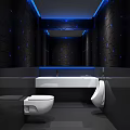 Modern Public Restroom Interior With Blue Lighting Black Walls And White Fixtures