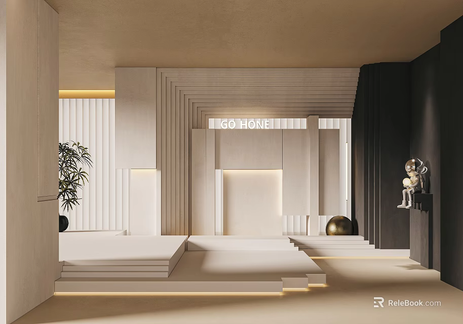 Modern Luxury Foyer Hallway Interior With White Black Linear Lighting Plant And Sculpture 3d model 