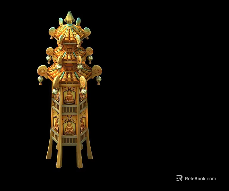 Traditional Golden Decorative Tower With Intricate Carvings And Hanging Bells 3d model 