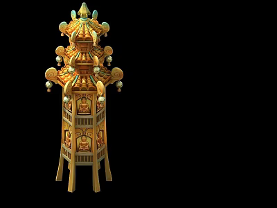 Traditional Golden Decorative Tower With Intricate Carvings And Hanging Bells 3d model