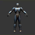Detailed 3D Robot Character With Blue Brown Armor And Glowing Eyes Standing Pose